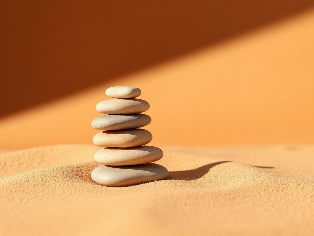Balanced stack of smooth stones on warm sand